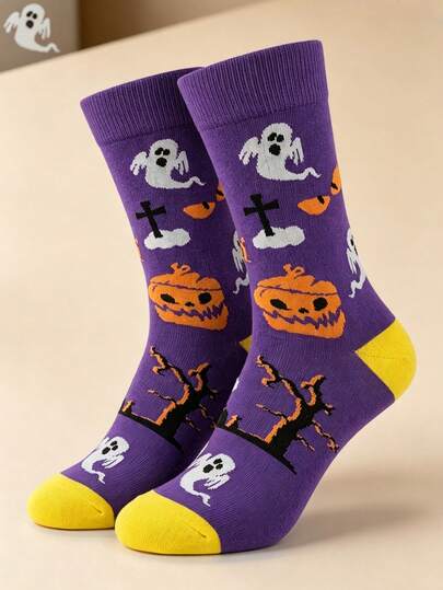 1 Pair Men Halloween Ghost & Pumpkin Print Crew Socks, Purple & Yellow, Soft & Breathable, Fun Spooky Design, Ideal For Holiday Parties & Gifts.
