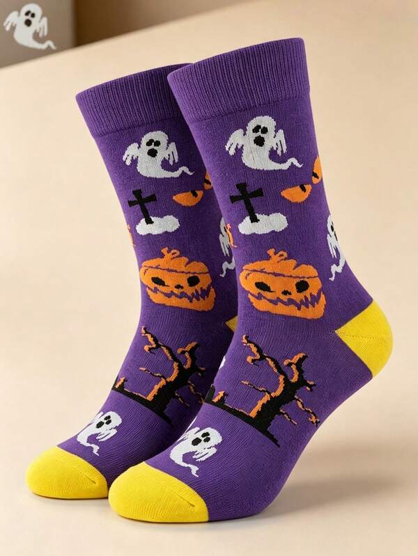 1 Pair Men Halloween Ghost & Pumpkin Print Crew Socks, Purple & Yellow, Soft & Breathable, Fun Spooky Design, Ideal For Holiday Parties & Gifts.