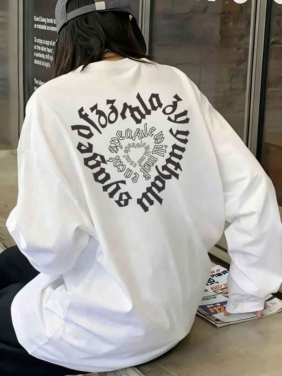 女款春夏秋冬極簡百搭拼色字母愛心雙面印花休閒長袖T恤,韓版寬鬆慵懶日常街頭通勤羅紋中性圓領長袖上衣 - 白色 - 查看 1