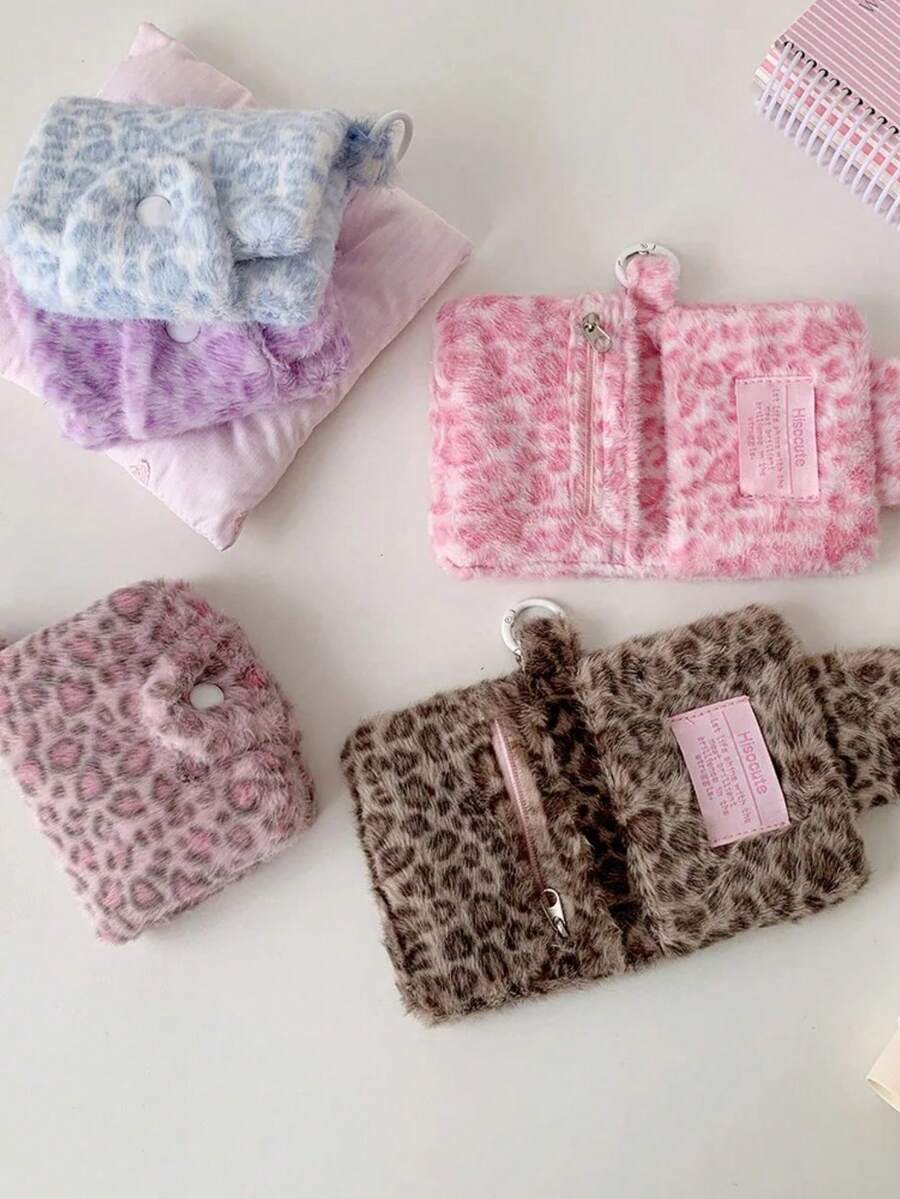1pc Cute Pink Leopard Print Fluffy Plush Coin Purse Snap Button Mini Zipper Wallet Small Card Storage Pouch Purse Wallet - Multicolor - View 1