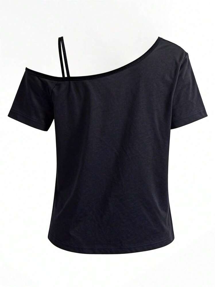Women One-Shoulder Short-Sleeve T-Shirt, Whale Shark, Marine Life Print Fashion Top, Slanted One-Shoulder Strap, 2026 Rock Concert Outfit - 黑色1 - 查看 2