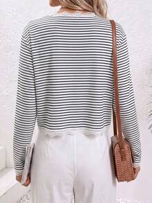 Women's Striped Colorblock Front Button Contrast Lace Cardigan - White - View 3