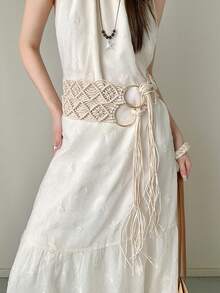 1 pièce Ceinture bohème beige en polyester pour femmes, faite à la main. Convient pour Halloween, Noël, été, école, automne - Beige - Voir 8