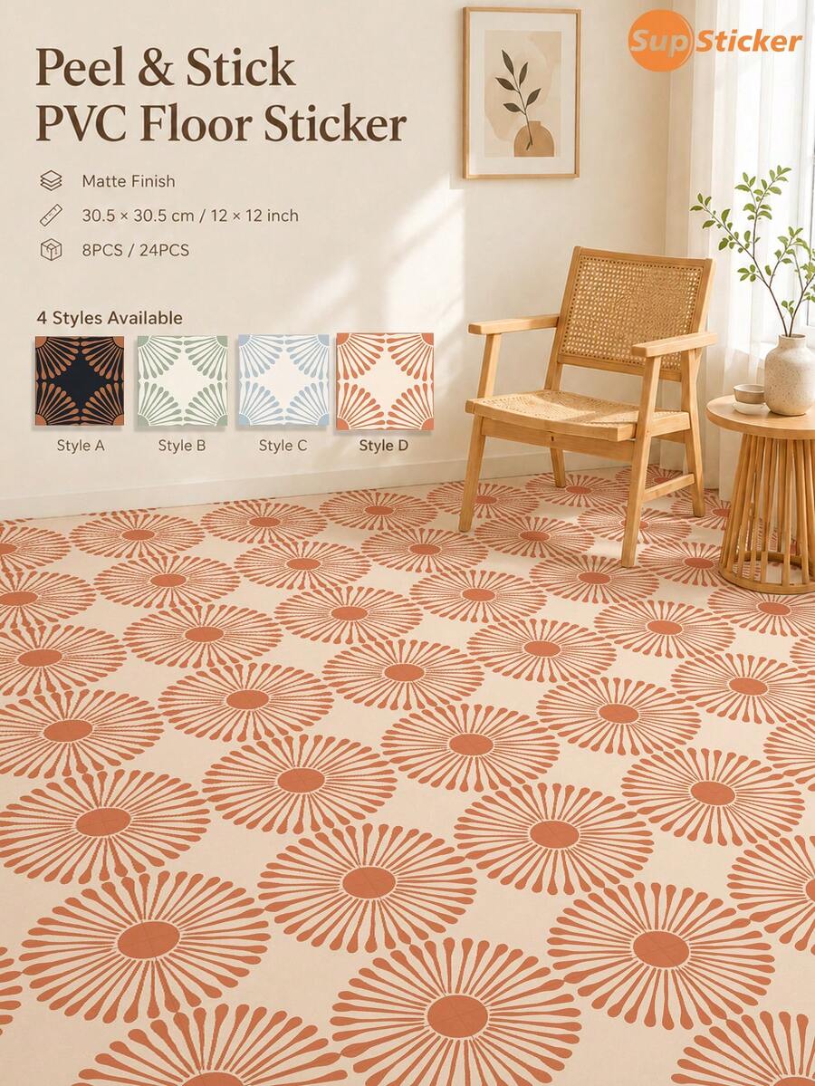 SUPSTICKER 8/24pcs Vintage Sunburst Pattern PVC Floor Tiles, Matte Self-Adhesive Anti-Slip Wear-Resistant, 12x12 Inch, 4 Styles Available, Suitable For Entryway Bathroom Kitchen - Multicolor - View 1