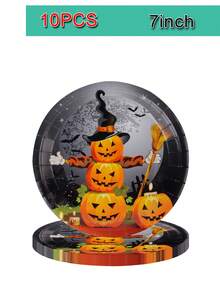 80/60/50/40pcs Halloween Paper Plates And Napkins Set, Disposable Dessert Plates And Napkins, Halloween Theme Birthday Party Decorations, Serves 10 People (Pumpkin Design) - Multicolor - View 15