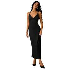 Women's Euro-American Style Midi Party Dress With Straps, Pleated Waist, Fitted Waist - 深棕色 - 查看 5