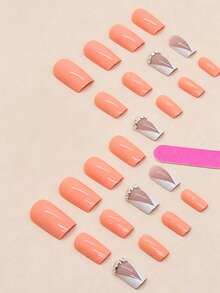 24pcs Short Square Sparkling Nail Tips With Nail File And Jelly Silicone Glue Press On Nails Nail Supplies - Multicolor - View 3