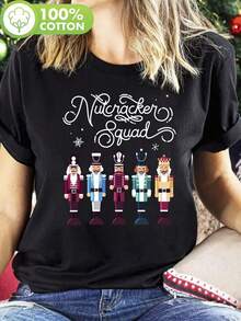 Women's Cotton T-Shirt With Christmas Print Of The Nutcracker Team, Round Neck, Comfortable Short Sleeves, Breathable Casual Sports Top, Perfect For The Holidays And As A - 黑色 - 查看 1