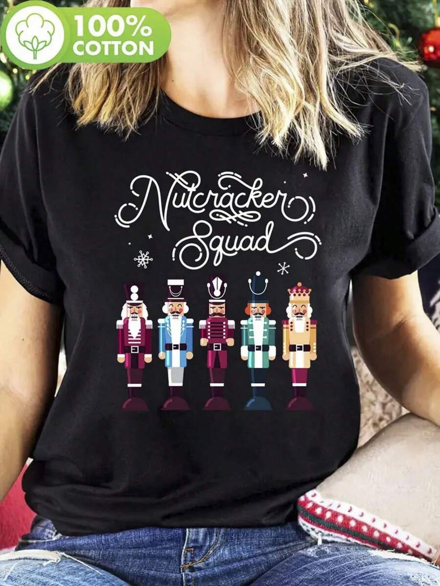 Women's Cotton T-Shirt With Christmas Print Of The Nutcracker Team, Round Neck, Comfortable Short Sleeves, Breathable Casual Sports Top, Perfect For The Holidays And As A - 黑色 - 查看 1