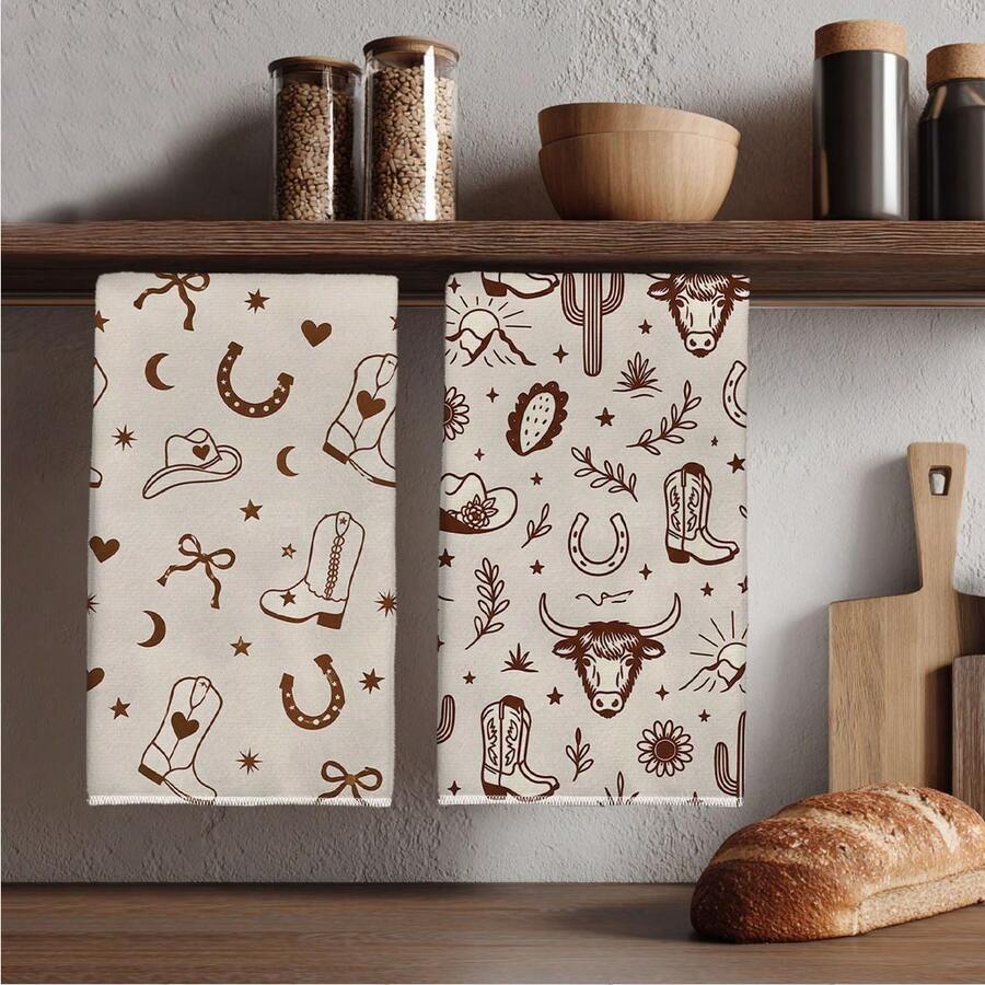 2pcs American Western Vintage Seamless Pattern Kitchen Towels, Rectangular Microfiber Kitchen Towels, Dishcloths, Scouring Pads, Hand Towels, Cooking Baking Tea Towels, Kitchen Decor, Housewarming Gift, Birthday Gift, Bathroom Cleaning Wipes, Decorative Towels - Multicolor - View 1