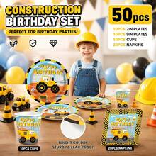 50-Piece Tableware Set Printed With Excavator And Dump Truck Patterns. It Comes With Plates, Cups And Napkins, Full Of Fun Style. Great For Kids' Vehicle-Themed Birthday Parties And Home Gatherings. - Multicolor - View 1
