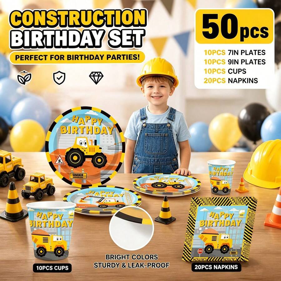 50-Piece Tableware Set Printed With Excavator And Dump Truck Patterns. It Comes With Plates, Cups And Napkins, Full Of Fun Style. Great For Kids' Vehicle-Themed Birthday Parties And Home Gatherings. - Multicolor - View 1