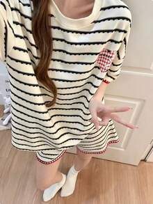 2pcs/Set Piyama Wanita, Motif Garis-garis Modis, Pola Lucu, Pullover Lengan Pendek Romantis, Pakaian Musim Semi/Panas, Kain Mudah Perawatan - Aprikot - View 8