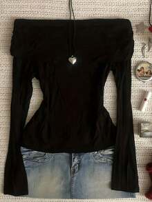Top Casual de Color Sólido con Hombros Descubiertos y Manga Larga Negro Primavera - Negro - Ver 1