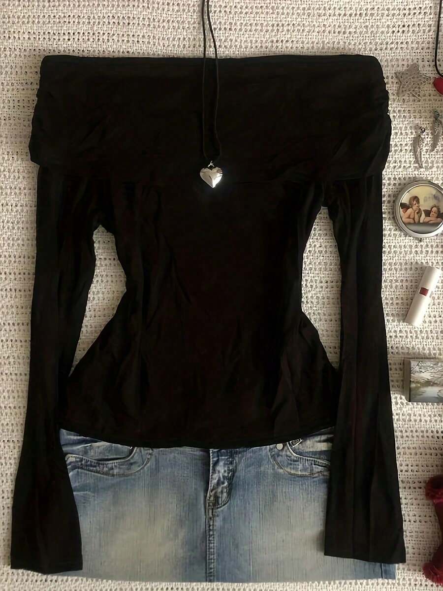 Top Casual de Color Sólido con Hombros Descubiertos y Manga Larga Negro Primavera - Negro - Ver 1