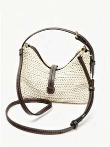 Dedoo Woven Handbag, Solid Color Pattern, Drawstring Design, Lightweight Large Capacity Bag, Bohemian Vacation Style, Beach Travel Summer Women's - Beige - View 5