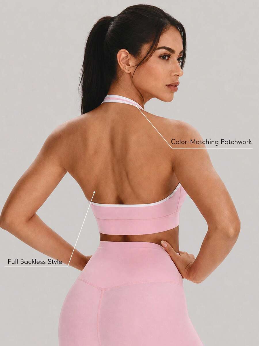 Sodalemon Women's V-Neck Tank Style Sports Bra, Backless Design, Removable Padding, Contrast Color, Running, Fitness, Yoga - Pink - View 1
