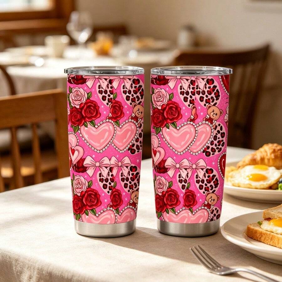 1pc 20oz Pink Leopard Heart Rose Bear Stainless Steel Tumbler With Lid Insulated Coffee Travel Mug Reusable Water Cup For Women Girls Gift Birthday Bachelorette Party Bridal Shower Labor Day Halloween Thanksgiving Christmas New Year - Multicolor - View 1