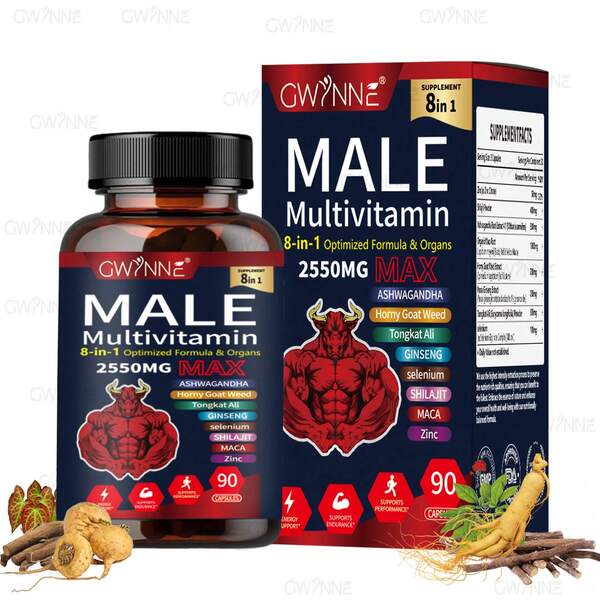 Gwynne Men's Multivitamin 90 Capsules, 8-In-1 Daily Men's Multivitamin 2550 Mg Max With Zinc, Shilajit,  Etc., Supports Physical Energy