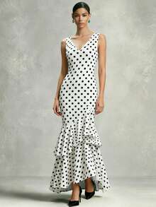 Robe à ourlet sirène à pois 2026, col en V sans manches, imprimé floral rétro, élégance française, esthétique vintage des années 90, robe de cocktail pour vacances d'été - Blanc - Voir 4