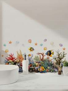 1pc Healing Ocean Style Wall Sticker Waterproof Moisture-Proof Removable Self-Adhesive PVC Sticker Bathroom Children's Room Baseboard Decoration Watercolor Underwater Coral Tropical Fish Cartoon Marine Life Wall Decal - Wall Stickers - View 3