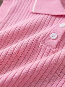 女童開學季學院風純色刺繡 Polo 領針織薄款開襟背心，適合休閒日常穿著，春夏秋三季 - 粉色 - 查看 7