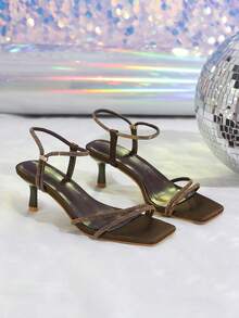 Women's Shiny Rhinestone Buckle Decor High Heel 2026 New Nude Strap Coffee Color High Heel Sandals - Coffee Brown - View 5