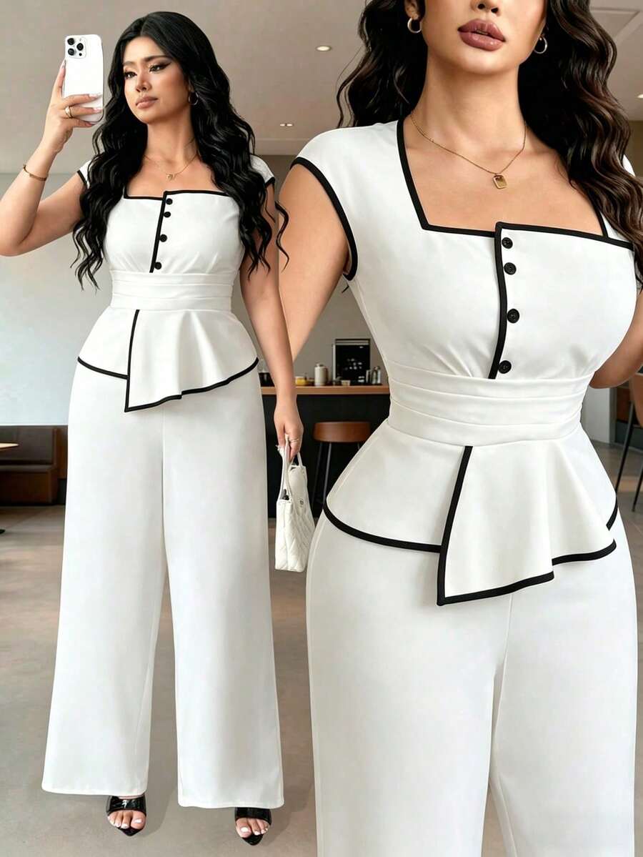 Blusa de tela de punto con cuello cuadrado, mangas de pétalo y cintura ceñida en talla para mujer, con ribete de contraste. Conjunto cómodo y versátil para uso diario, en casa - Blanco y Negro 2 - Ver 1