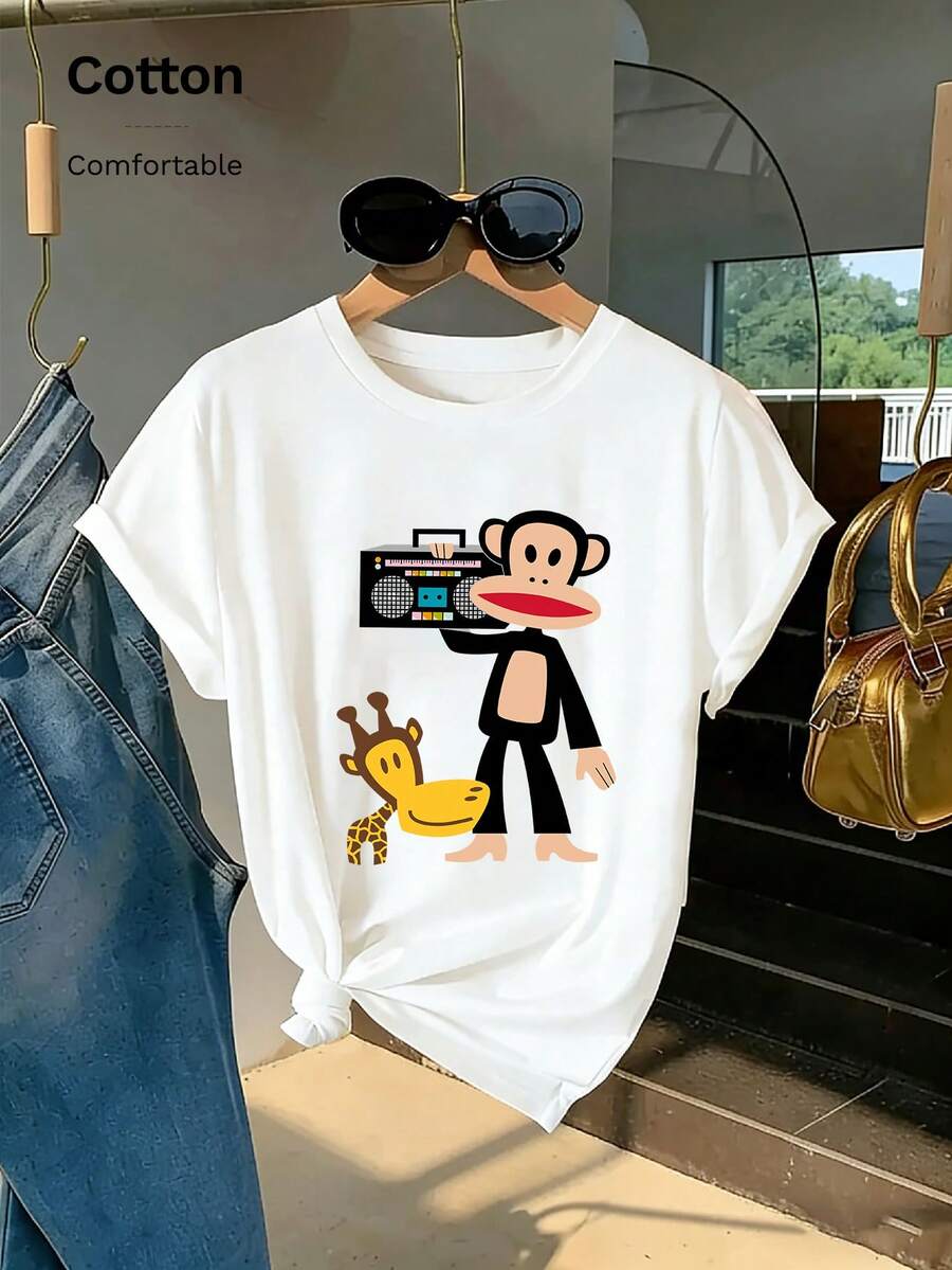 Paul Frank Women's Summer Short-Sleeved T-Shirt, Featuring A Cartoon 'Big Mouth Monkey' And Giraffe Design; Soft, Drapey And Breathable Women's Short-Sleeved Top - White - View 1