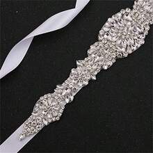 1pc Handmade Rhinestone Bridal Belt Women's Rhinestone Wedding Dress Accessory - Silver Applique + White Ribbons - View 2