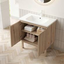 NIKO 80cm freestanding bathroom washing table with integrated basement wash basin made of white ceramic, striped wardrobe with adjustable shelf inside and double doors, white oak wood mastering Frabe - 80,5 cm + Keramikspüle 1 - Übersicht 2