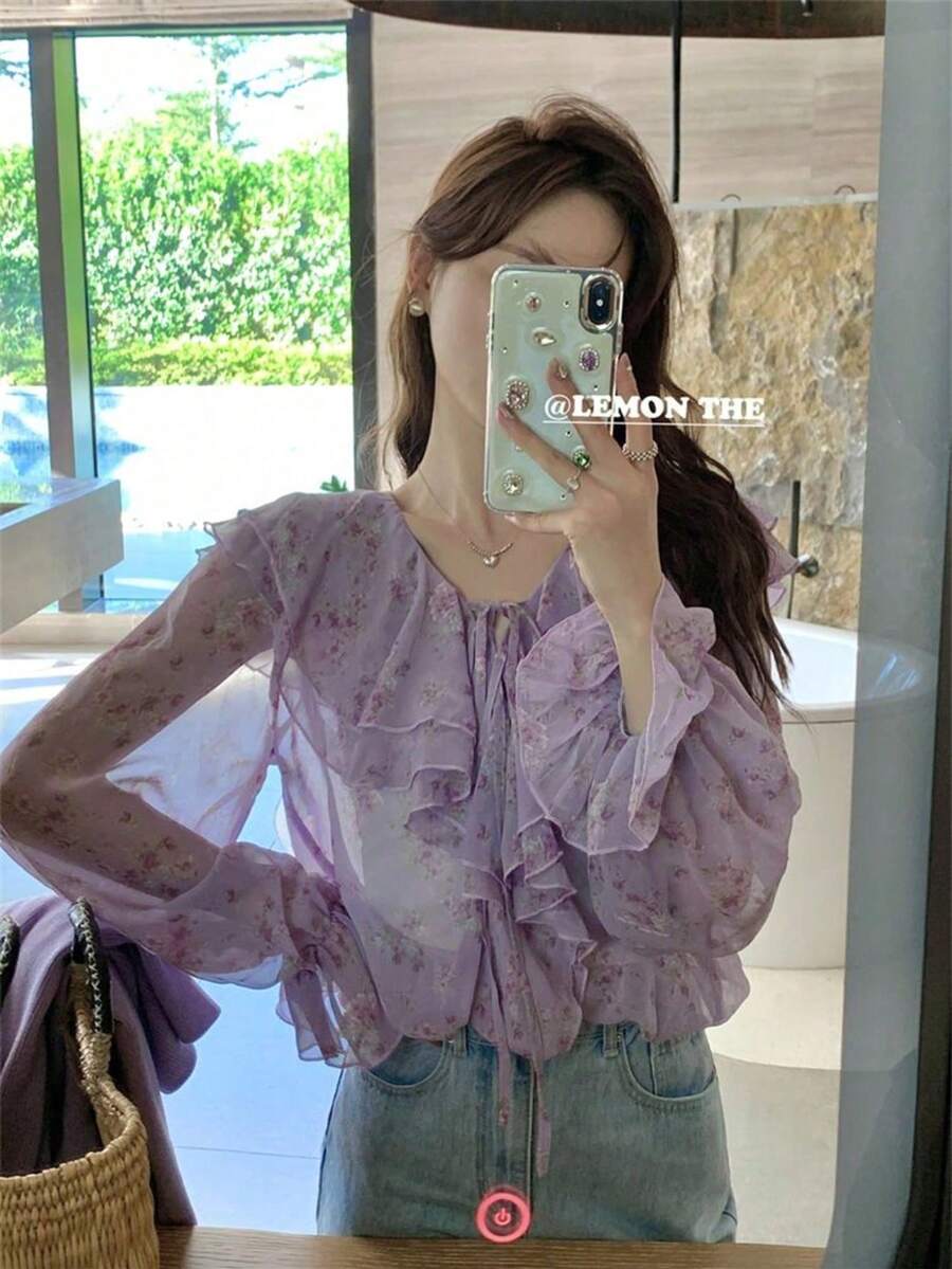 A Light Apricot-Colored Ruffled Off-Shoulder Blouse, A New Summer Style, An Irregularly Shaped Short Off-Shoulder Top. - Purple - View 1