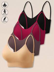 Set Of 4 Women's Seamless Striped Bras, Strappy Back, Wireless, Sexy And Comfortable Padded Underwear - 紅色 - 查看 1