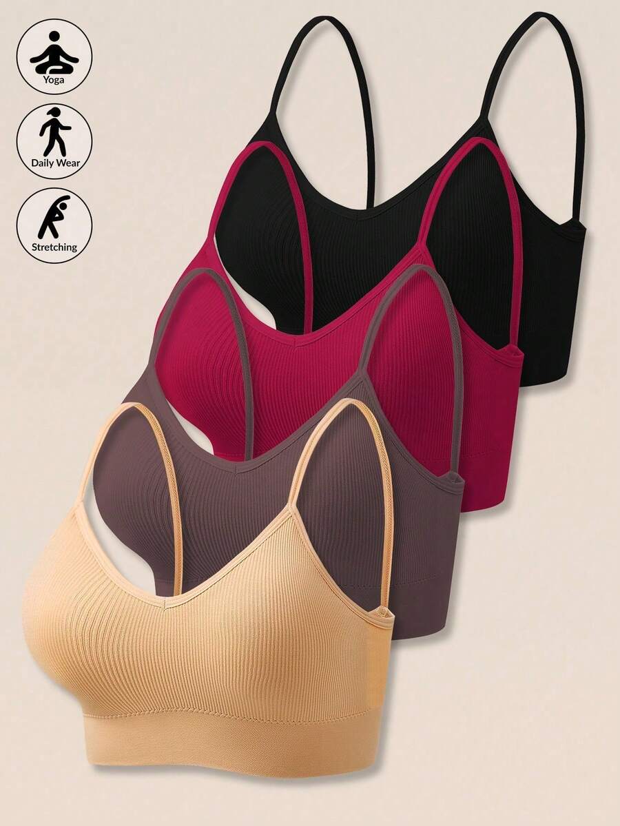Set Of 4 Women's Seamless Striped Bras, Strappy Back, Wireless, Sexy And Comfortable Padded Underwear - 紅色 - 查看 1