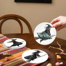 6 piezas de posavasos de PET, elementos de Halloween, diseño vintage de bruja montada en escoba dibujado a mano, posavasos resistentes al calor, lavables, económicos, adecuados para decoración de eventos y fiestas, centro de mesa, decoraciones de Halloween, Navidad y Acción de Gracias - Posavasos de PET - 1821 - Ver 8