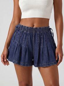 Womens Summer Denim Skorts Casual Loose Fit Stylish Pleated Solid Color Drawstring Elastic Mid Rise Shorts - Blue - View 4