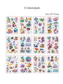 12 Lembar Tato Temporer Putri Duyung, Kuda Laut, Kerang, Bintang Laut, Tema Lautan, Tato Tangan Tahan Air, Stiker Tato Palsu, Hadiah Ulang Tahun untuk Anak Perempuan, Seni Tubuh - MultiWarna - View 8