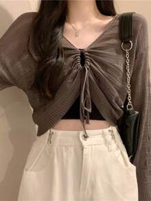 夏の婦人服コーナー：夏の韓国ファッション婦人服、ショート丈の日焼け止めカバーアップ、女性用夏物フレンチスタイルキャミソール、セクシーな薄手のトップス、音楽フェスティバル向けドーパミンカラーの新作万能スイート＆スパイシーなトップス - ブラウン(一枚) - チェックする 1