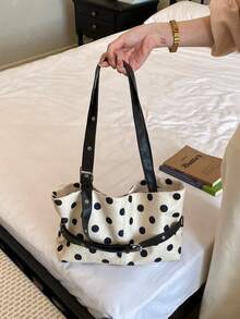 Large Capacity Color-Block Women's New Fashion Polka Dot Tote Bag, Stylish Personalized Casual Shoulder Bag And Handbag For Work And Commuting - Black - View 5