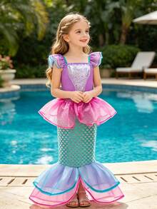 8 peças/Conjunto Acessórios de Vestido de Sereia Rosa Sem Mangas com Estampa Floral para Meninas, Conjunto de Fantasia de Princesa Infantil para Festa, Natal, Halloween - Rosa chiclete - Visão 6