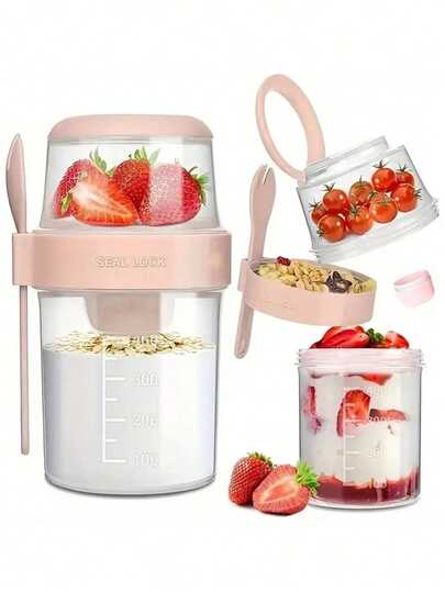 1pc Breakfast Salad Cup, Breakfast Food Container Jar, Creative Double Layer Salad, Overnight Oats With Lids, Portable Fruit And Vegetable Light With Fork Cover, Yogurt Cup, Fruit, Fitness Diet, Oatmeal,Camping Portable Festival Gif