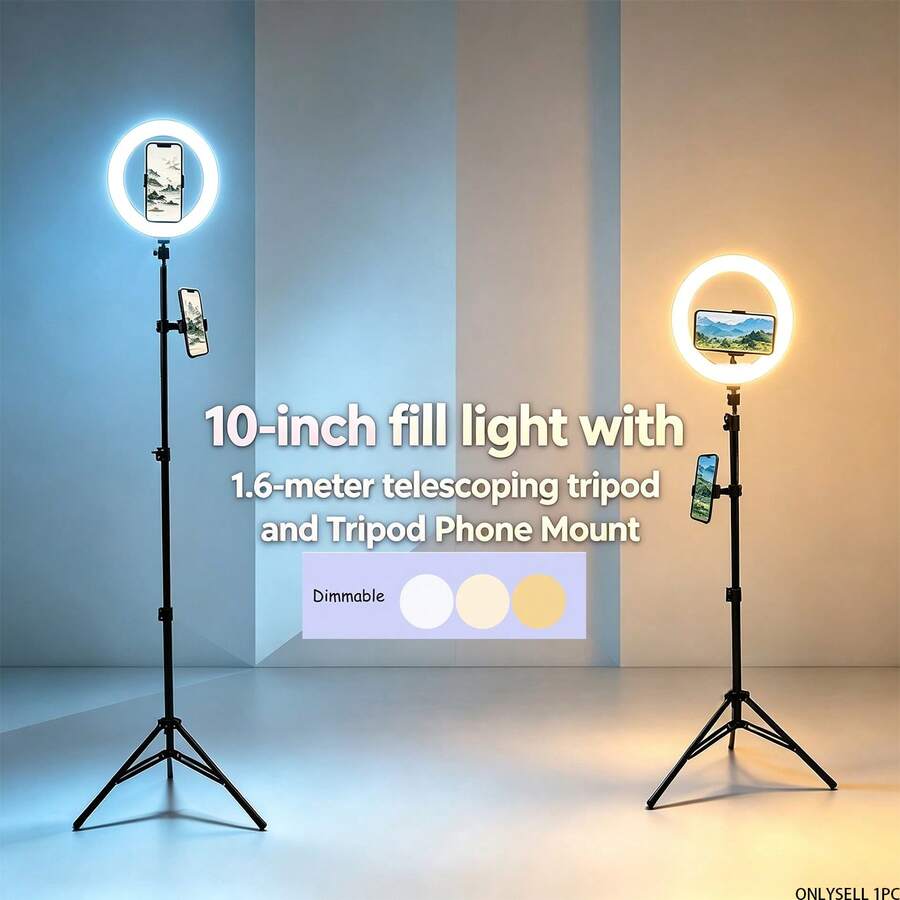 Luz de anillo ajustable de 10 pulgadas con trípode telescópico de 1,6 m + soporte para teléfono, ajustable a 3 colores, para transmisión en vivo/grabación de videos cortos
