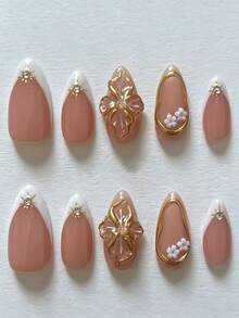 10pcs Medium Almond Shape Press-On Nails, Nude Pink With White French Tip, 3D Gold Flower And Rhinestone Decor, Glossy Reusable Women's Manicure Set - Multicolor - View 1
