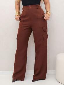 YING ZI Wide Leg Buckle Pocket Tailored Color Pants - Rust Brown - View 4