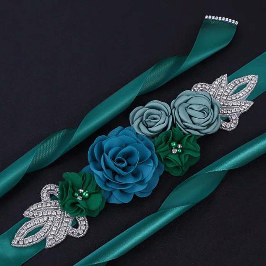 1pc Romantic Fabric Floral Handmade Rhinestone Bridal Waist Belt Wedding Dress Decor Maternity Photography Accessory - Green - View 1