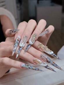 10Pcs Bow Nail Charms, Gold & Silver Tone Alloy Rhinestone Bow Nail Art Decorations, Luxury 3D Bow Nail Accessories For DIY Manicure & Press On Nails - Multicolor - View 2