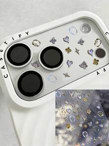 1pc Sweet Cool Y2K Style Gold/Silver Laser Engraved Butterfly Heart Moon Bow Clock Lens Sticker, Blending Star Sparkle, Flower And Asymmetric Border Elements, DIY Phone Lens Film - A - View 2