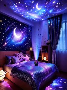 Luz de noche con proyección de sombra de luna y cielo estrellado - Iluminación de dormitorio con enchufe USB, diseño de estilo celestial, decoración de ambiente para la habitación, elección del entusiasta de la decoración del hogar, accesorio de dormitorio, perfecto para dormitorio, sala de estar, KTV, oficina y bar, luz de proyección LED - luz policromática - Ver 3