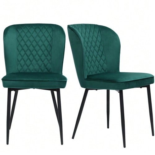 Dining Chair (Set Of 2), Dark Green, Designer Upholstered Chair With Backrest, Velvet Seat, Metal Frame