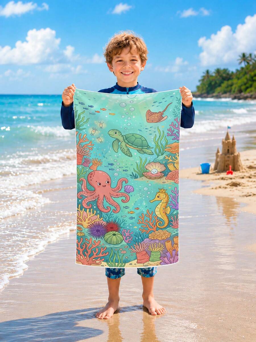1pc Ocean Creature Octopus, Coral, Sea Turtle Design Kids Beach Towel, Super Absorbent Oversized Beach Blanket, Suitable For Beach, Pool, Travel, Camping, Yoga - Multicolor - View 1
